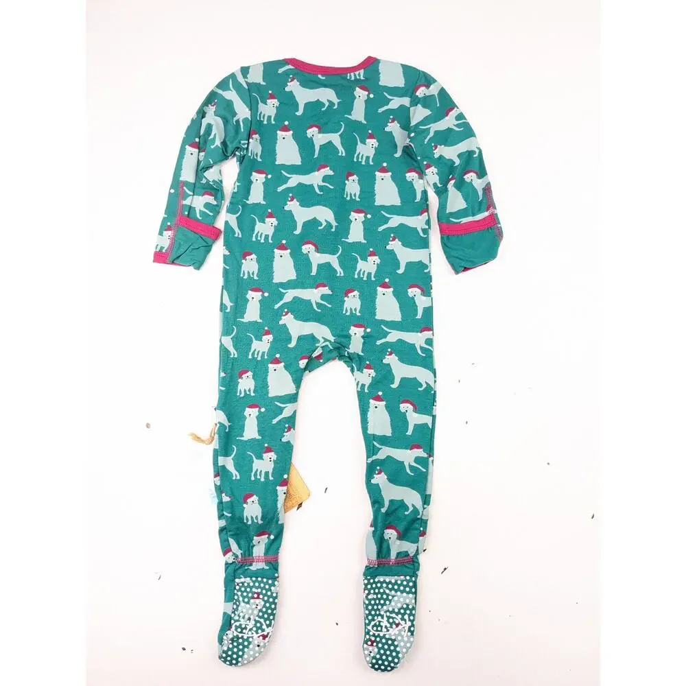 Kickee Pants Aqua & Magenta Santa Dogs Footie 6-9 Months